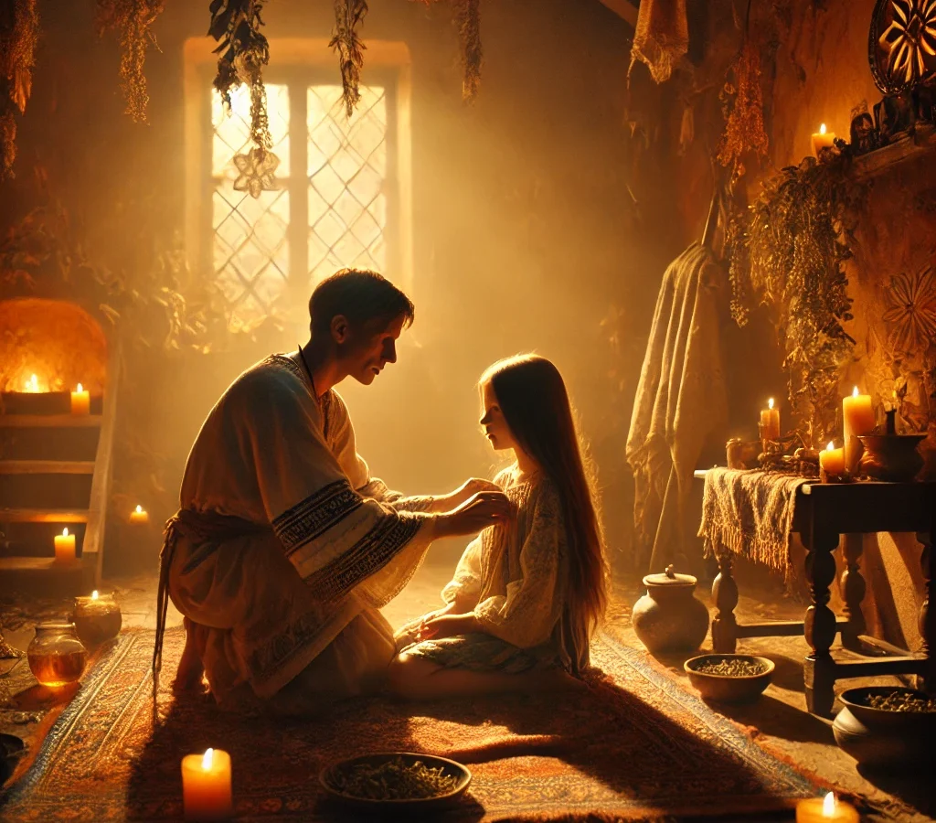 ilustracion curandera realizando ritual