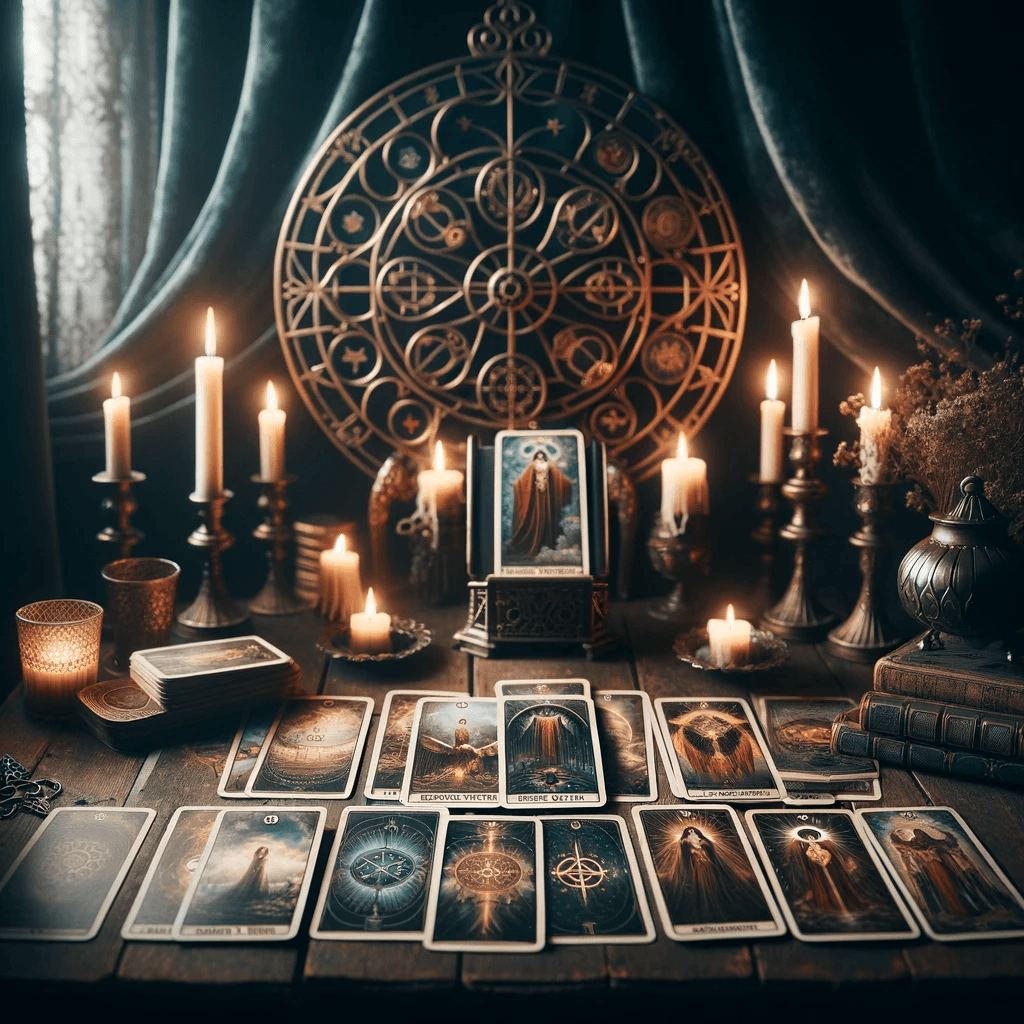 un altar con cartas de tarot y velas