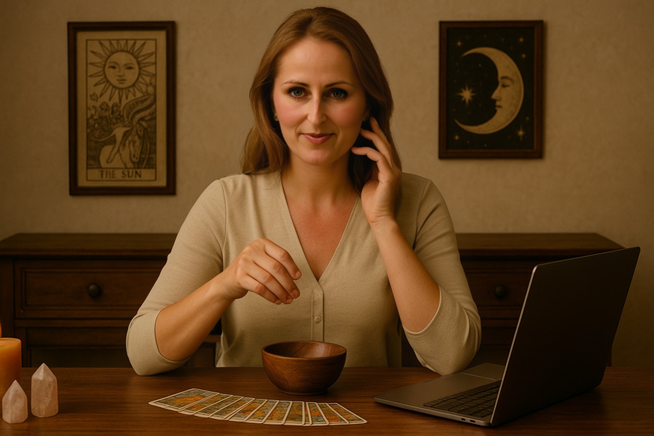 Tarotista profesional realizando una consulta de tarot online.